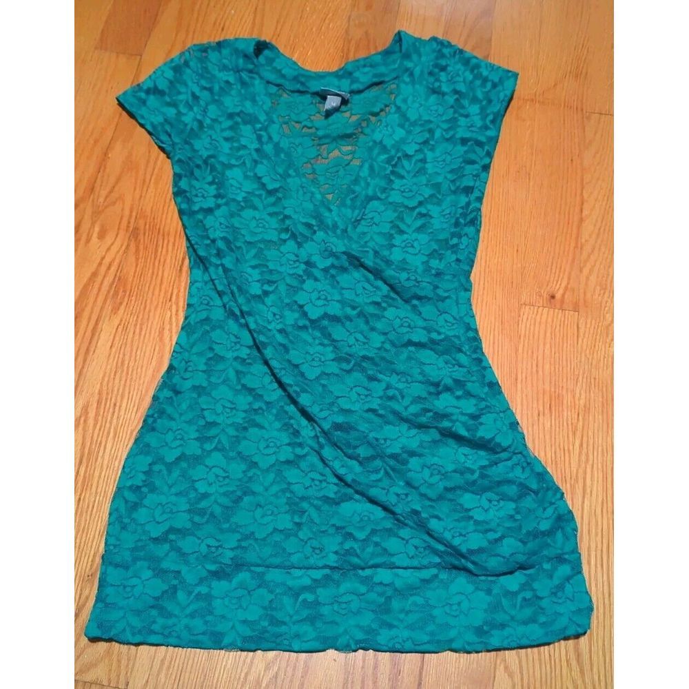 Vanity Essentials Vintage Women's Lace Sheer‎ Short Sleeve Teal Size Medium